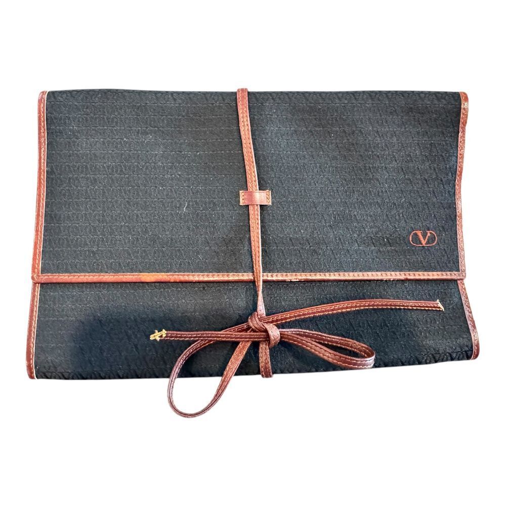 Valentino Black Canvas Travel Wallet Organizer with‎ Brown Leather Trim